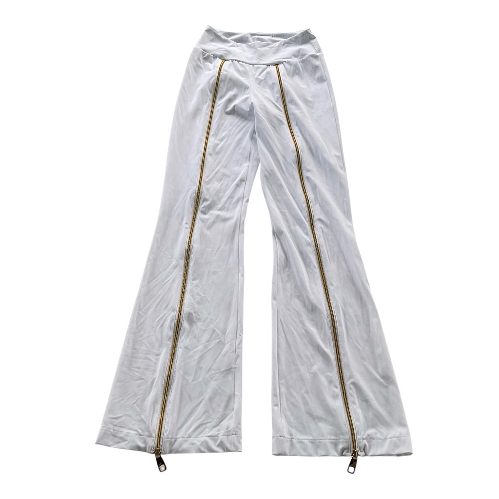 Antoninias Zipnisa Flare Pants Sz S White Gold Zippers 70s Festival Glam Stretch